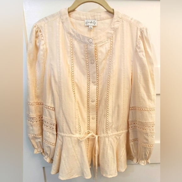 Wonderly  Hemp Beige Cotton Lace Peplum Blouse NWT - Picture 8 of 9